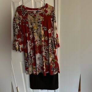 Modest 2 piece Outfit Floral and Animal Print Tunic w/ pockets and Brown skirt